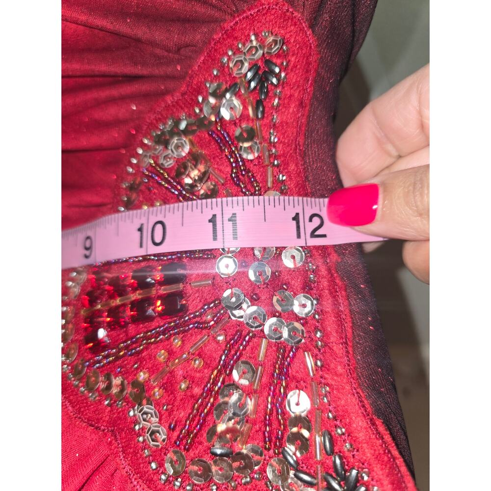 Teeze Me Red High-Low Dress Strapless Beaded Formal Prom Cocktail Evening Gown - Picture 2 of 13
